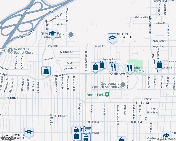 map of restaurants, bars, coffee shops, grocery stores, and more near 2217 North Mockingbird Lane in Abilene