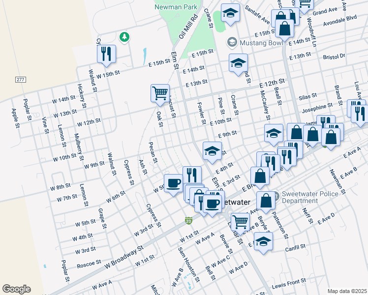 map of restaurants, bars, coffee shops, grocery stores, and more near 524 Locust Street in Sweetwater