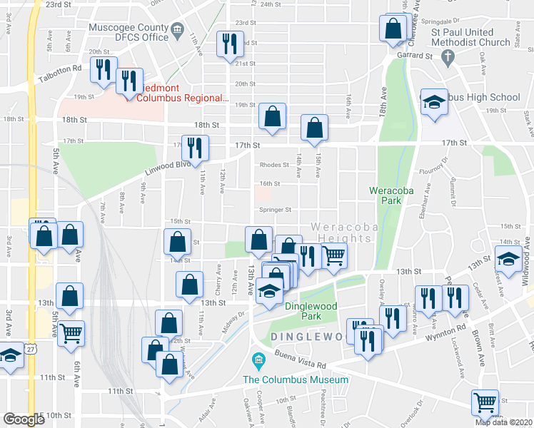 map of restaurants, bars, coffee shops, grocery stores, and more near 1320 Springer Street in Columbus
