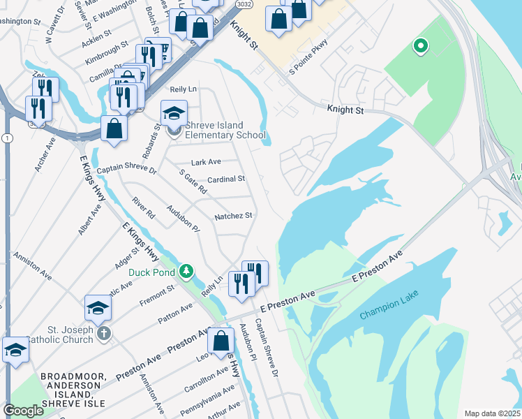 map of restaurants, bars, coffee shops, grocery stores, and more near 4018 Reily Lane in Shreveport