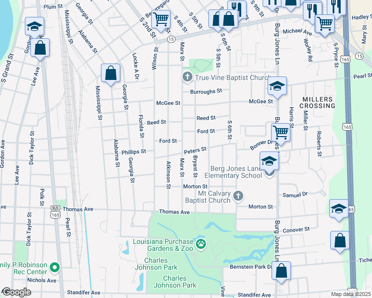 map of restaurants, bars, coffee shops, grocery stores, and more near 717 Marx Street in Monroe