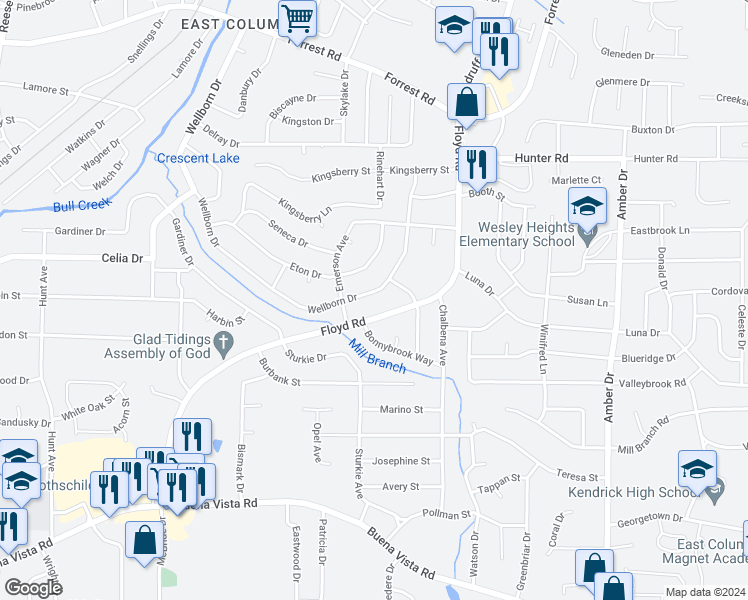 map of restaurants, bars, coffee shops, grocery stores, and more near 4932 Wellborn Drive in Columbus