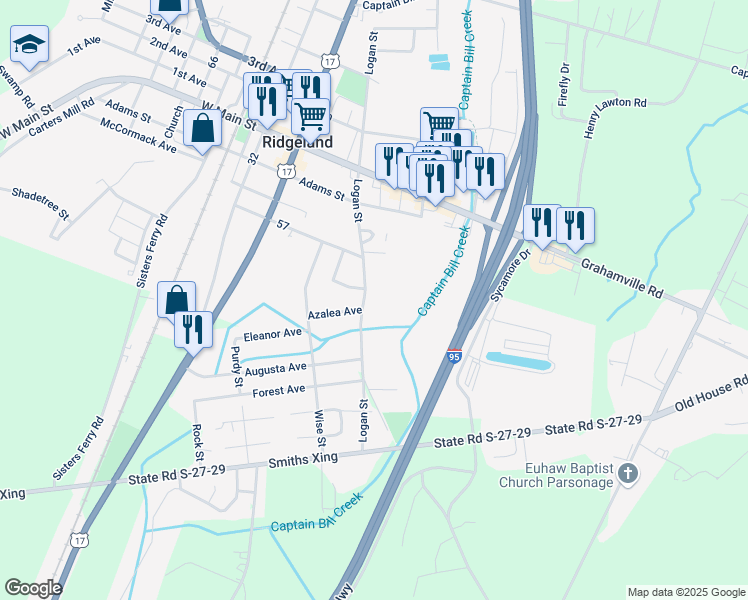 map of restaurants, bars, coffee shops, grocery stores, and more near 226-230 Logan St in Ridgeland