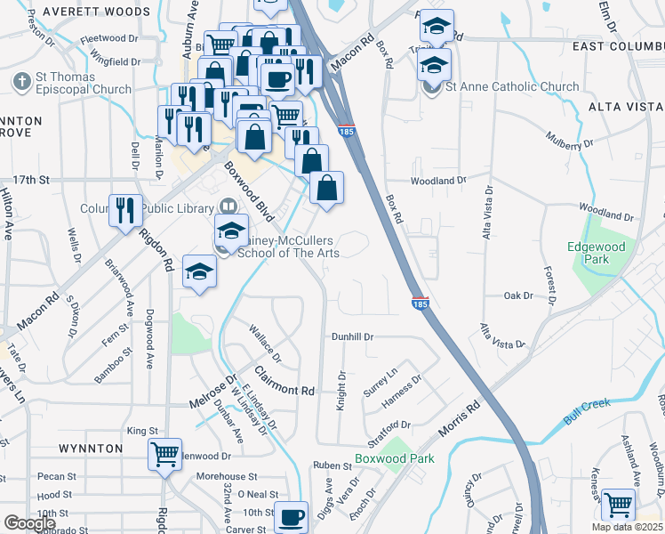 map of restaurants, bars, coffee shops, grocery stores, and more near 1400 Boxwood Boulevard in Columbus