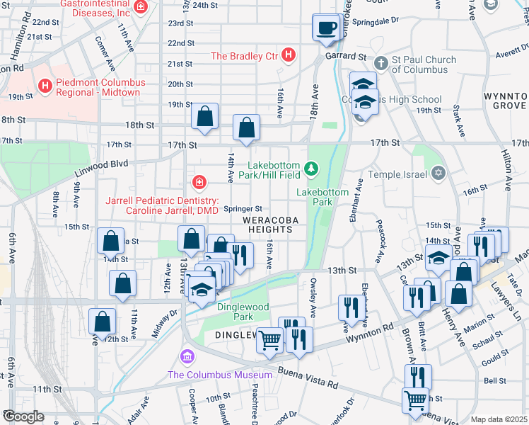 map of restaurants, bars, coffee shops, grocery stores, and more near 1512 16th Avenue in Columbus