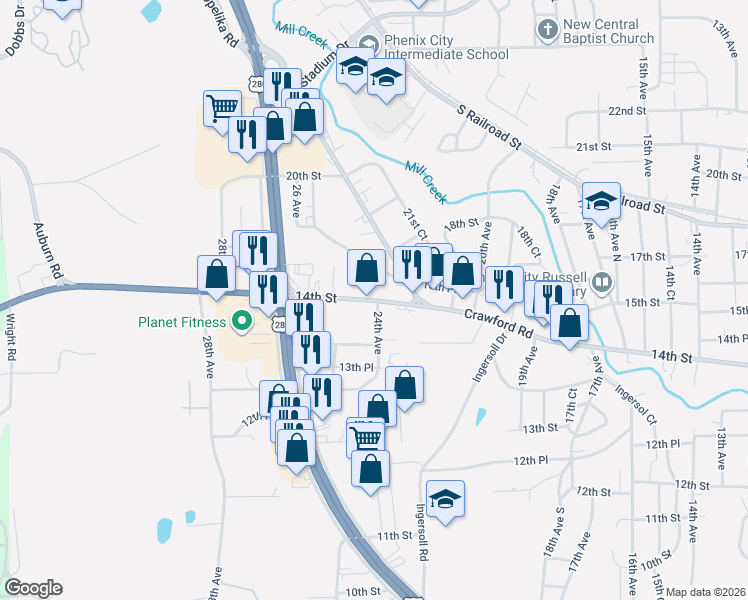 map of restaurants, bars, coffee shops, grocery stores, and more near 2310 Crawford Road in Phenix City