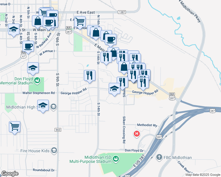 map of restaurants, bars, coffee shops, grocery stores, and more near 703 George Hopper Road in Midlothian