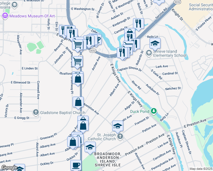 map of restaurants, bars, coffee shops, grocery stores, and more near 125 Albany Avenue in Shreveport