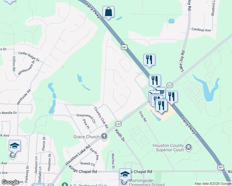 map of restaurants, bars, coffee shops, grocery stores, and more near 110 Wainscott Court in Perry