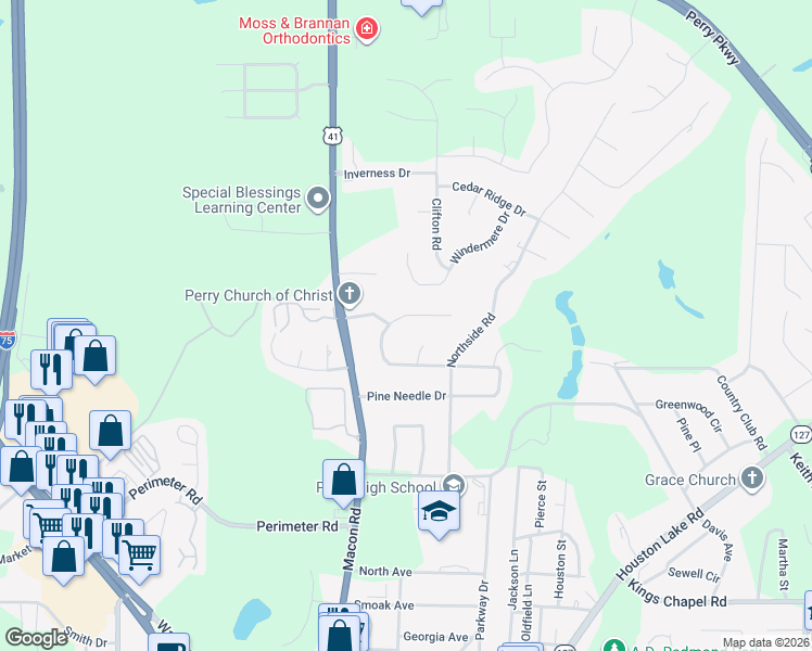 map of restaurants, bars, coffee shops, grocery stores, and more near 102 Ridge Circle North in Perry