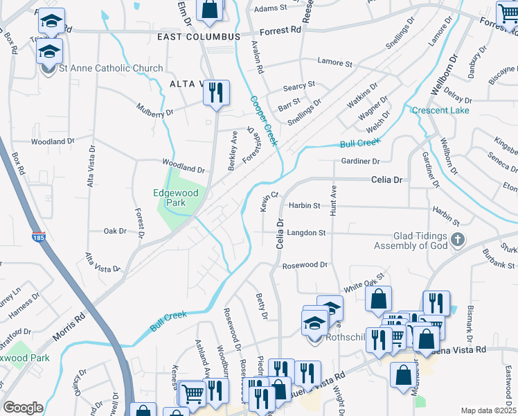 map of restaurants, bars, coffee shops, grocery stores, and more near 1433 Kevin Court in Columbus