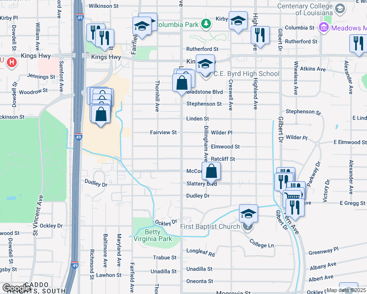 map of restaurants, bars, coffee shops, grocery stores, and more near 753 Elmwood Street in Shreveport