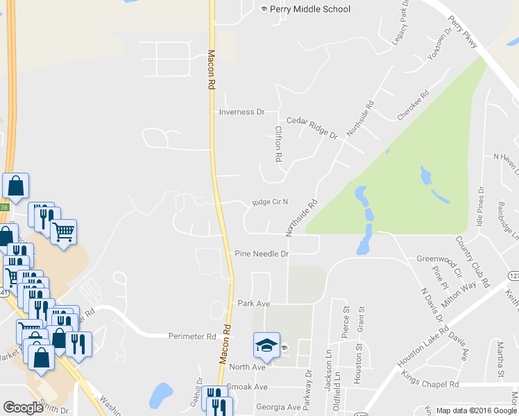 map of restaurants, bars, coffee shops, grocery stores, and more near 102 Ridge Circle North in Perry