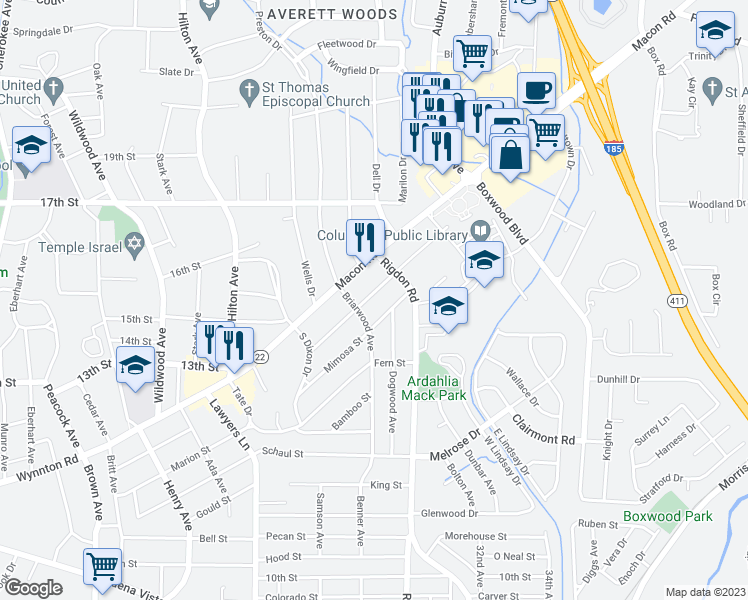 map of restaurants, bars, coffee shops, grocery stores, and more near 2916 Gardenia Street in Columbus