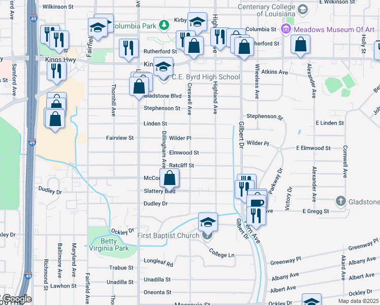 map of restaurants, bars, coffee shops, grocery stores, and more near 600 Elmwood Street in Shreveport