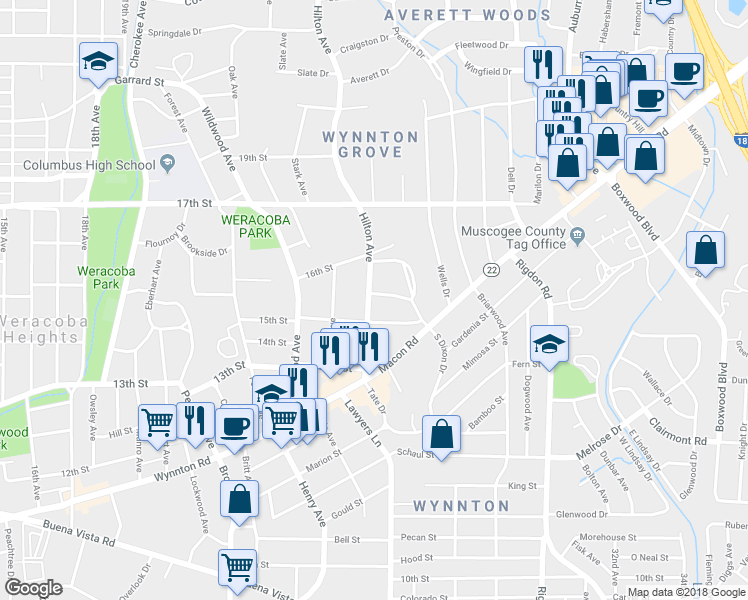 map of restaurants, bars, coffee shops, grocery stores, and more near 1520 Hilton Avenue in Columbus
