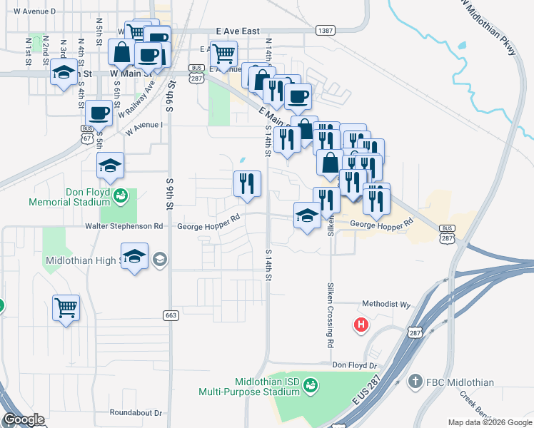 map of restaurants, bars, coffee shops, grocery stores, and more near 105 George Hopper Road in Midlothian