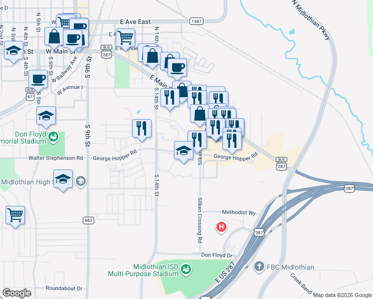 map of restaurants, bars, coffee shops, grocery stores, and more near 703 George Hopper Road in Midlothian