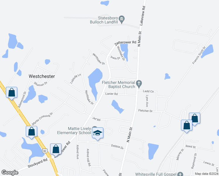 map of restaurants, bars, coffee shops, grocery stores, and more near 109 Pound Drive in Statesboro
