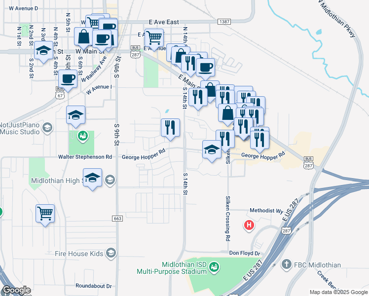 map of restaurants, bars, coffee shops, grocery stores, and more near 317 George Hopper Road in Midlothian