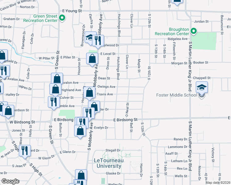 map of restaurants, bars, coffee shops, grocery stores, and more near 617 Travis Avenue in Longview