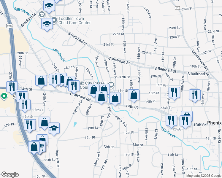 map of restaurants, bars, coffee shops, grocery stores, and more near 1501 17th Avenue in Phenix City