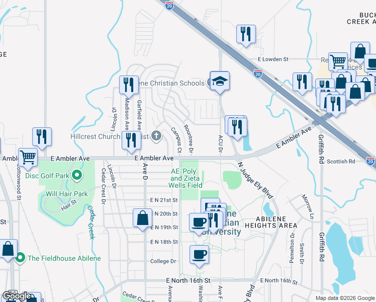 map of restaurants, bars, coffee shops, grocery stores, and more near 2406 Rountree Drive in Abilene