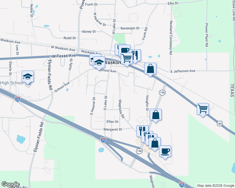 map of restaurants, bars, coffee shops, grocery stores, and more near 375 Magnolia Road in Waskom
