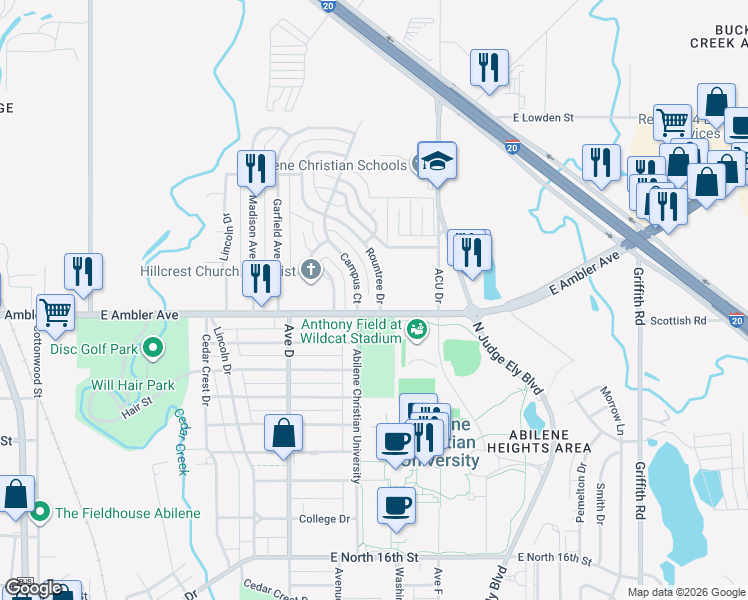 map of restaurants, bars, coffee shops, grocery stores, and more near 2406 Rountree Drive in Abilene