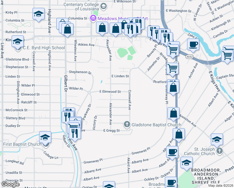 map of restaurants, bars, coffee shops, grocery stores, and more near 221 East Elmwood Street in Shreveport