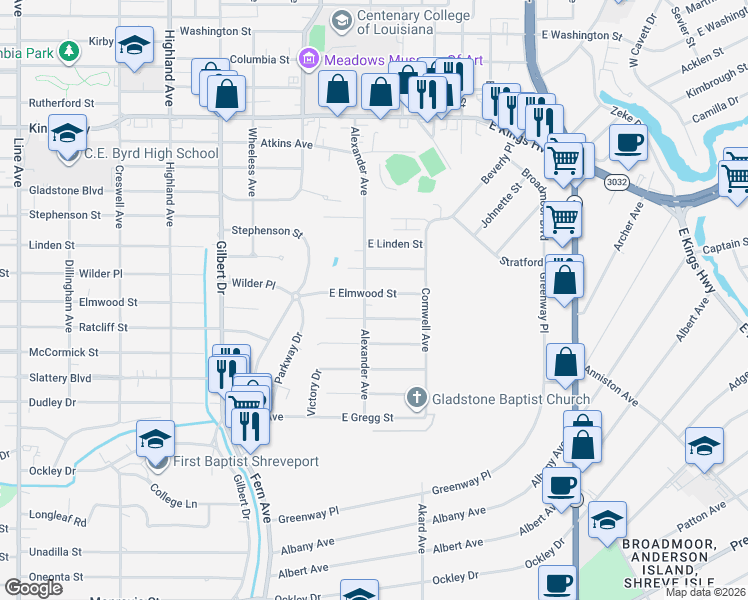 map of restaurants, bars, coffee shops, grocery stores, and more near 304 Split Oak Drive in Shreveport