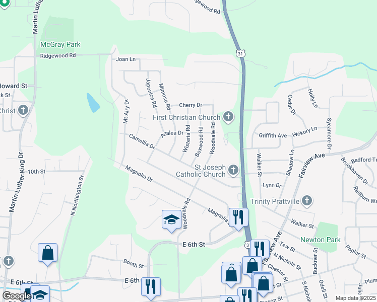 map of restaurants, bars, coffee shops, grocery stores, and more near 510 Wisteria Road in Prattville