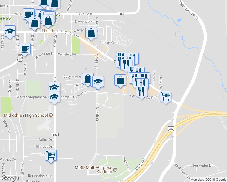 map of restaurants, bars, coffee shops, grocery stores, and more near 703 George Hopper Road in Midlothian