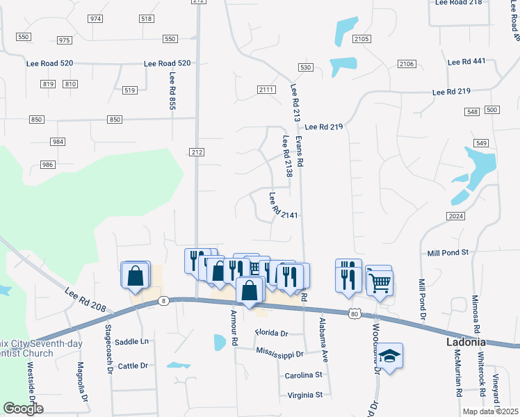 map of restaurants, bars, coffee shops, grocery stores, and more near 96 Lee Road 2143 in Phenix City