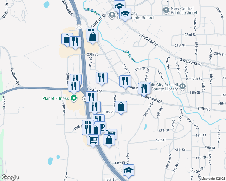 map of restaurants, bars, coffee shops, grocery stores, and more near 2310 Crawford Road in Phenix City