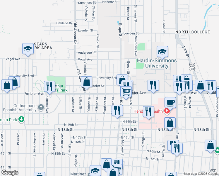 map of restaurants, bars, coffee shops, grocery stores, and more near 1765 Sandefer Street in Abilene