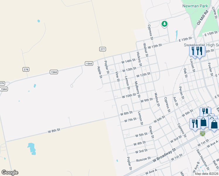 map of restaurants, bars, coffee shops, grocery stores, and more near 1102 Apple Street in Sweetwater