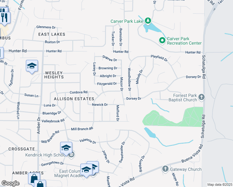 map of restaurants, bars, coffee shops, grocery stores, and more near 6328 Mill Branch Road in Columbus