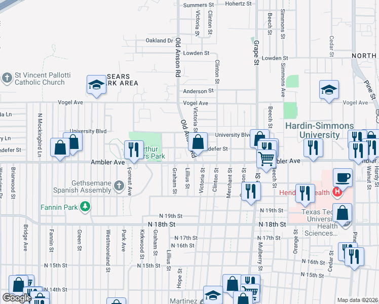 map of restaurants, bars, coffee shops, grocery stores, and more near 2234 Old Anson Road in Abilene