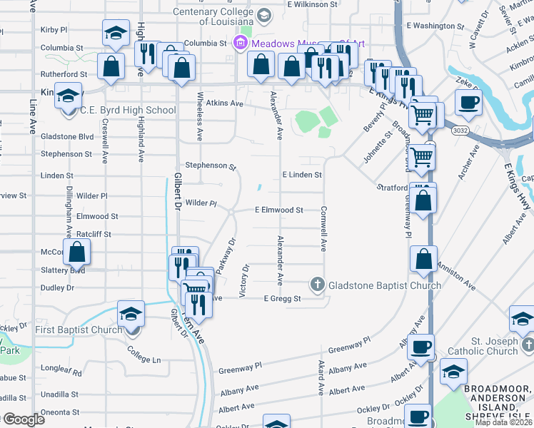 map of restaurants, bars, coffee shops, grocery stores, and more near 147 East Elmwood Street in Shreveport