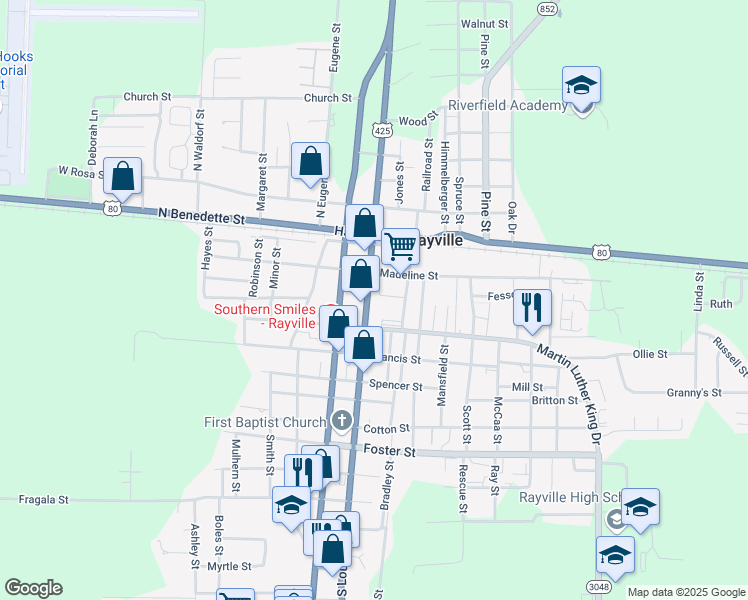 map of restaurants, bars, coffee shops, grocery stores, and more near 817 Louisa Street in Rayville