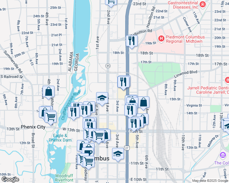 map of restaurants, bars, coffee shops, grocery stores, and more near 1519 3rd Avenue in Columbus