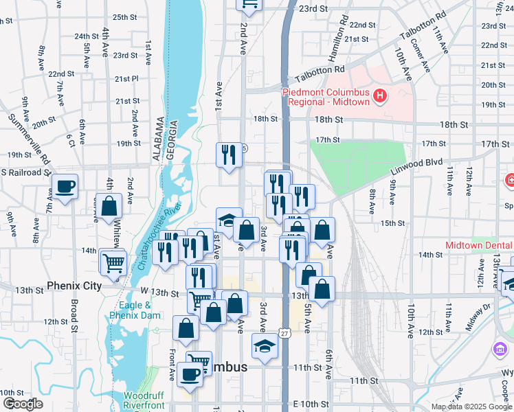 map of restaurants, bars, coffee shops, grocery stores, and more near 1519 3rd Avenue in Columbus