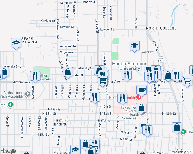map of restaurants, bars, coffee shops, grocery stores, and more near 1701 Sandefer Street in Abilene