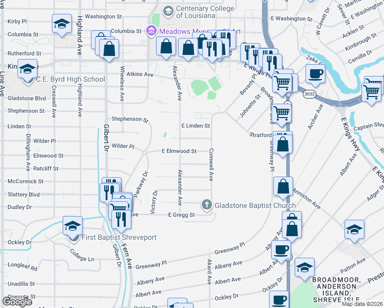 map of restaurants, bars, coffee shops, grocery stores, and more near 304 Split Oak Drive in Shreveport