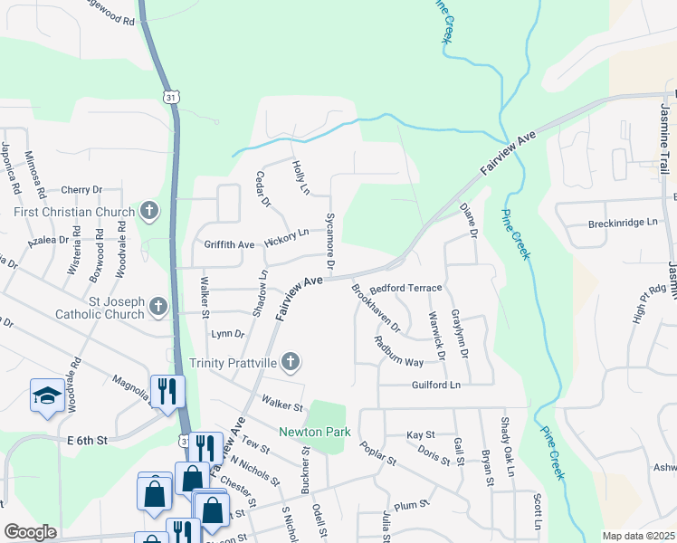 map of restaurants, bars, coffee shops, grocery stores, and more near 103 Brookhaven Drive in Prattville