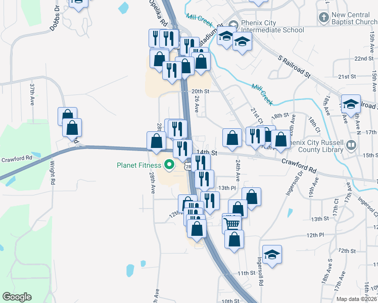 map of restaurants, bars, coffee shops, grocery stores, and more near 1070 27th Avenue in Phenix City