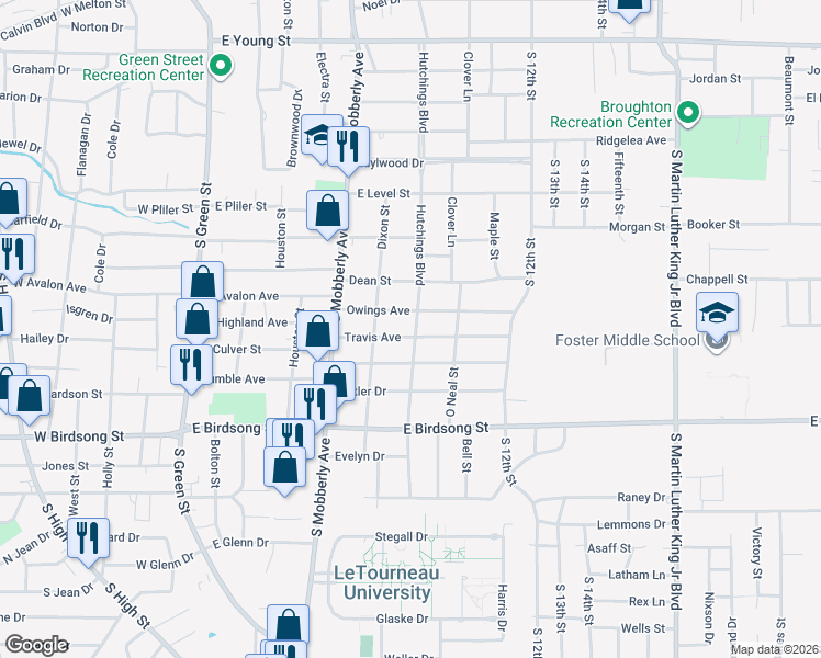 map of restaurants, bars, coffee shops, grocery stores, and more near 617 Travis Avenue in Longview