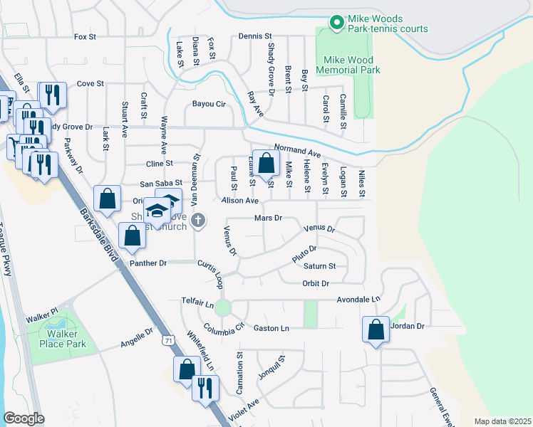 map of restaurants, bars, coffee shops, grocery stores, and more near 1901 Mars Drive in Bossier City