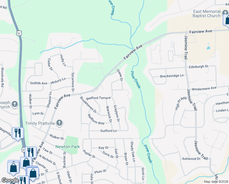 map of restaurants, bars, coffee shops, grocery stores, and more near 102 Rosewood Drive in Prattville